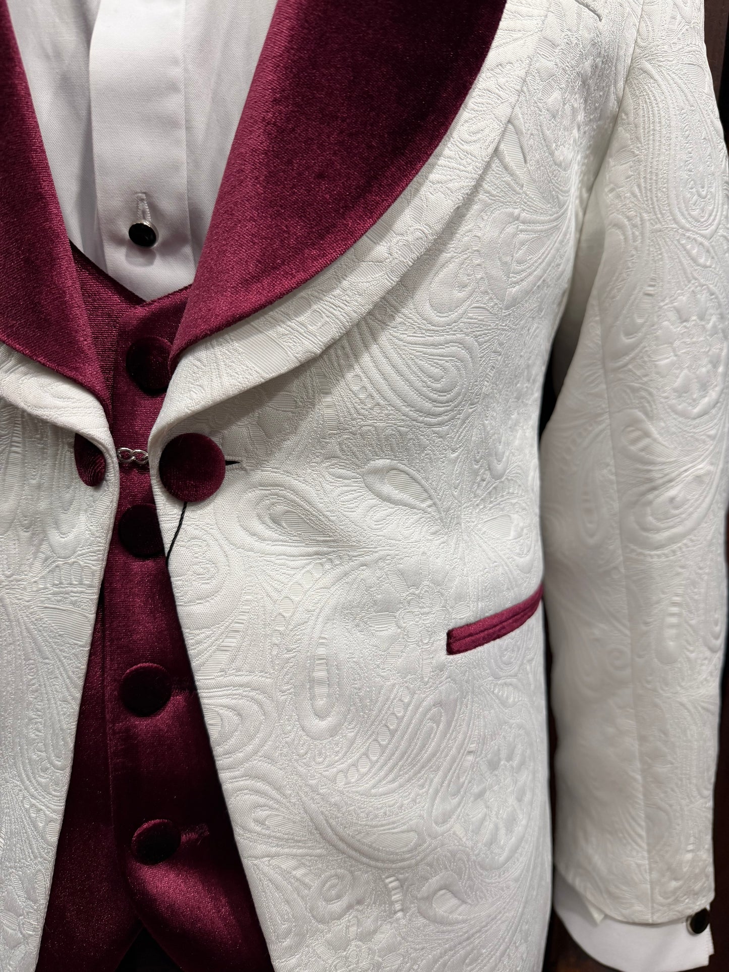 Men’s Off White Floral Tuxedo with Burgundy Velvet Lapel, Vest & Plum Pants