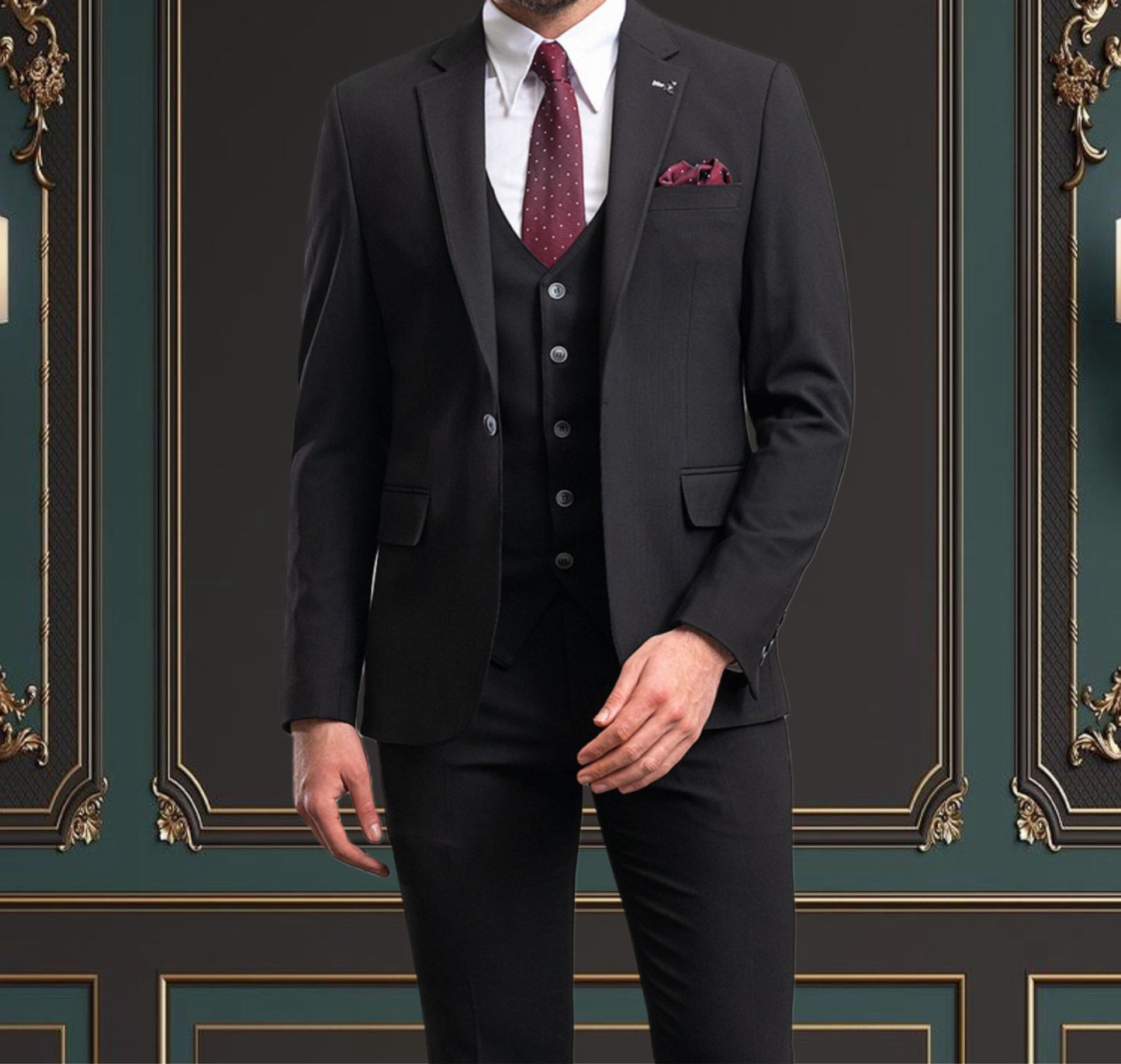 BLACK SLIM-FIT MENS SUIT 3 PIECE PEAK LAPEL