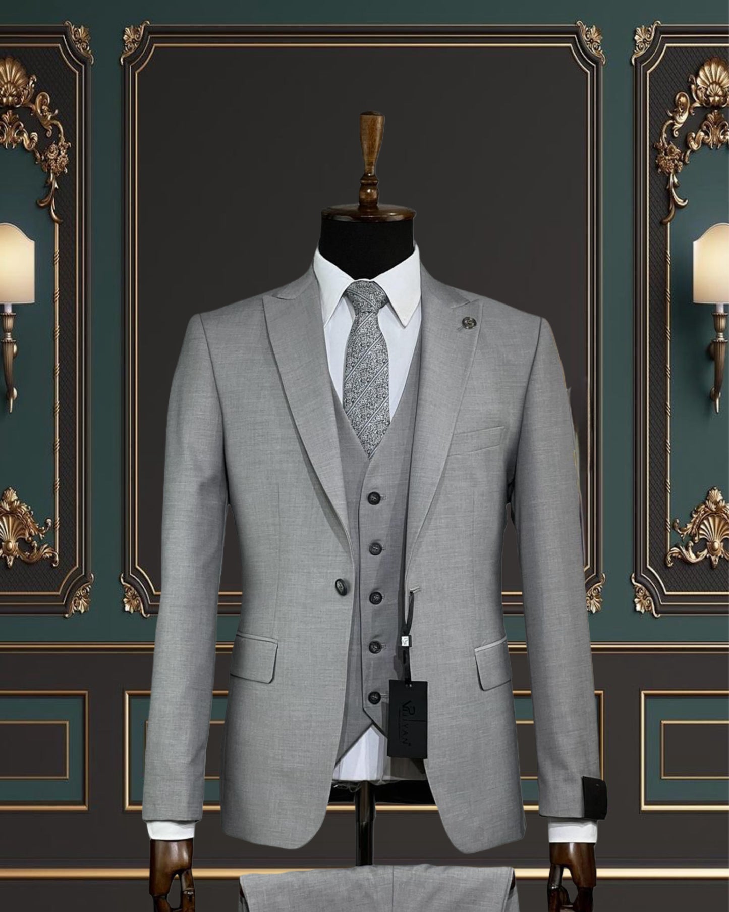 LIGHT GRAY SLIM-FIT MENS SUIT 3 PIECE PEAK LAPEL