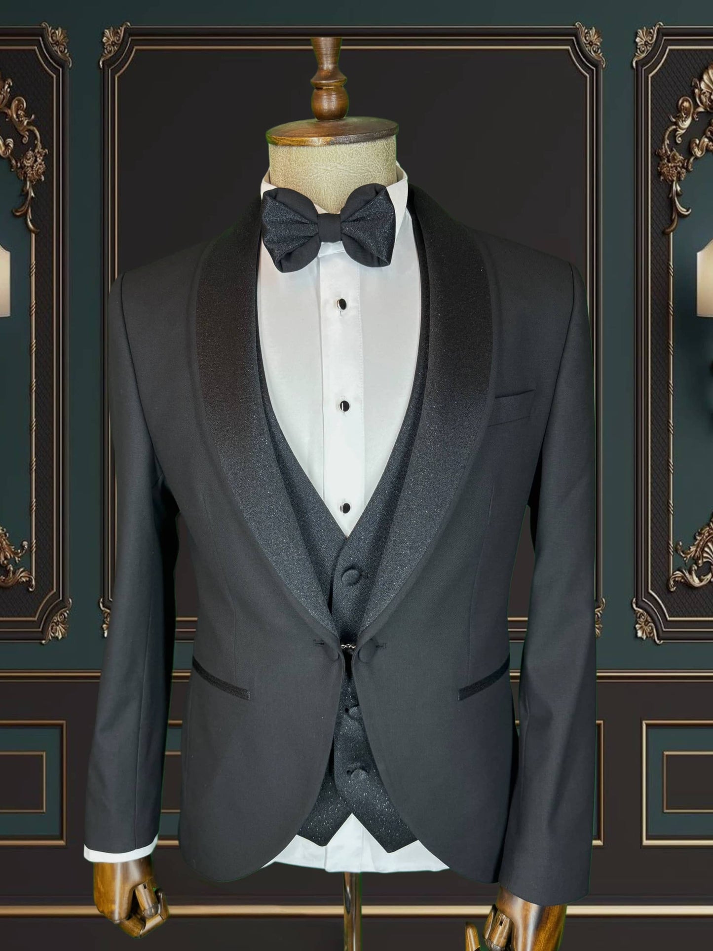 BLACK SLIM-FIT MENS TUXEDO 3 PIECE SHAWL LAPEL