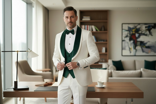 Men’s White Floral Tuxedo with Emerald Velvet Lapel, Vest & Dark Green Pants