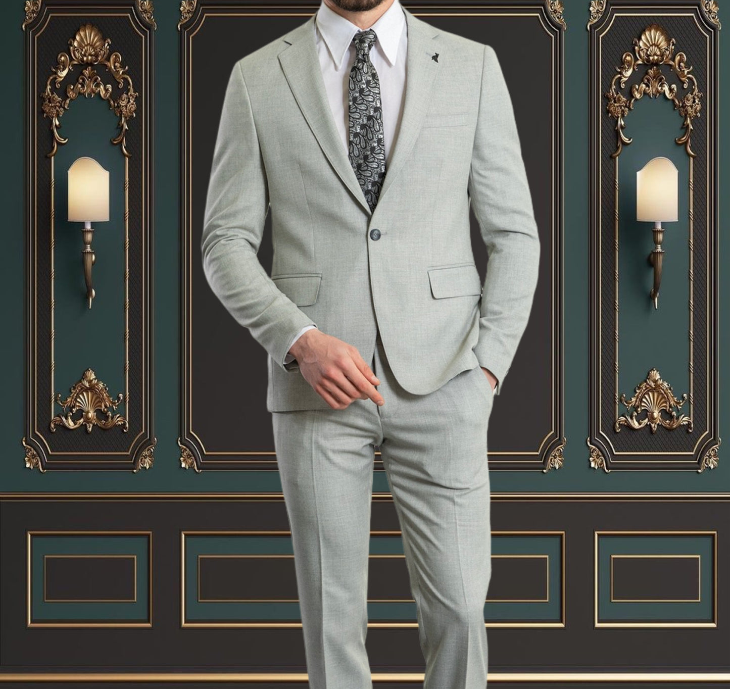 Light Gray SLIM-FIT MENS SUIT 3 PIECE PEAK LAPEL