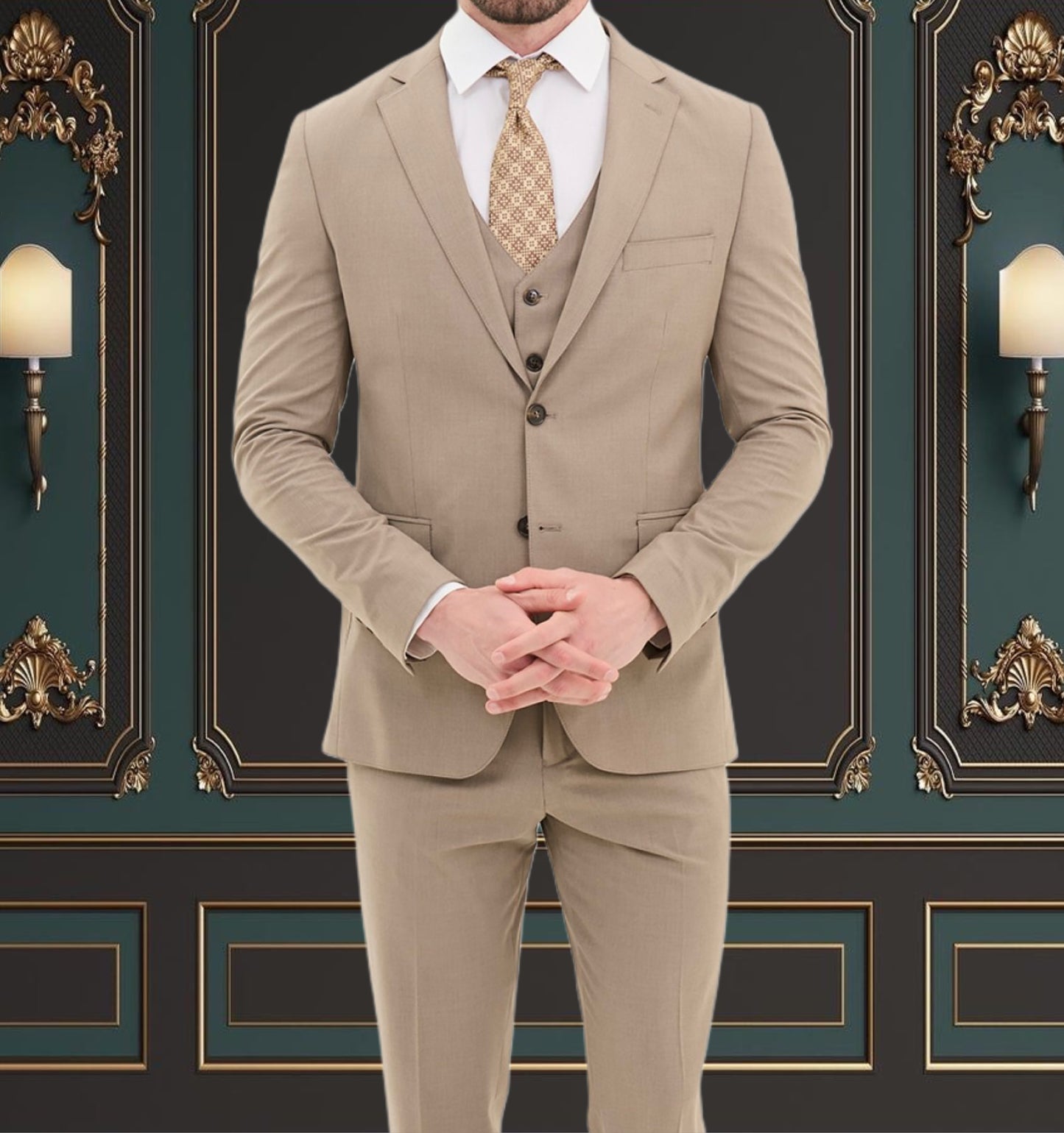 BEIGE SLIM-FIT MENS SUIT 3 PIECE PEAK LAPEL