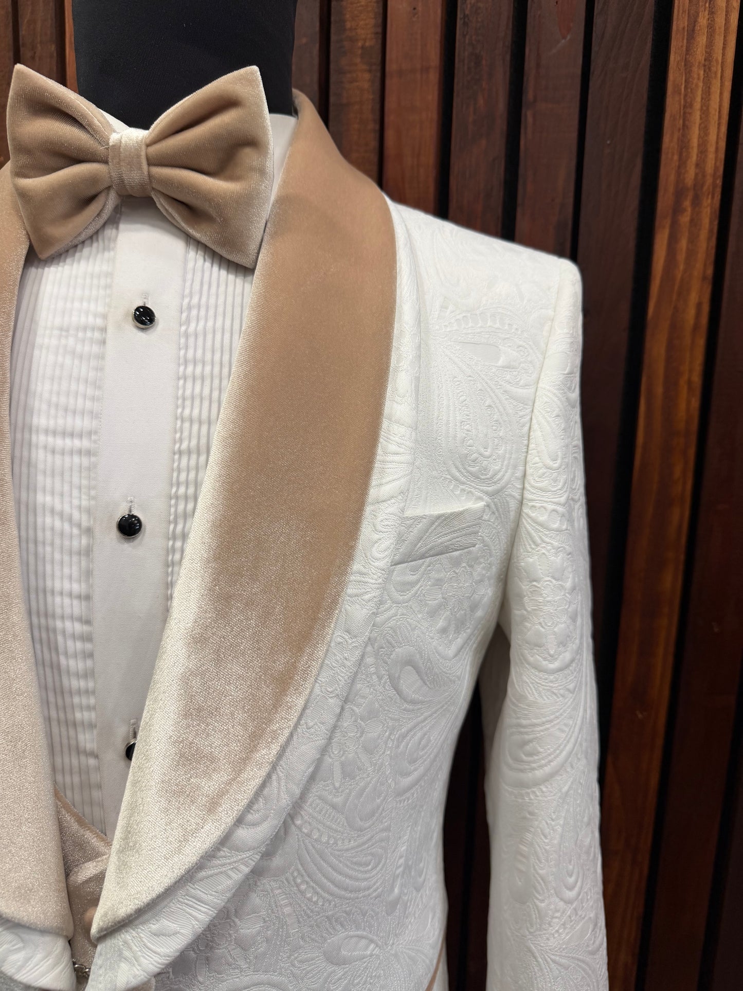 Men’s Off-White Floral Tuxedo with Champagne Velvet Lapel & Vest