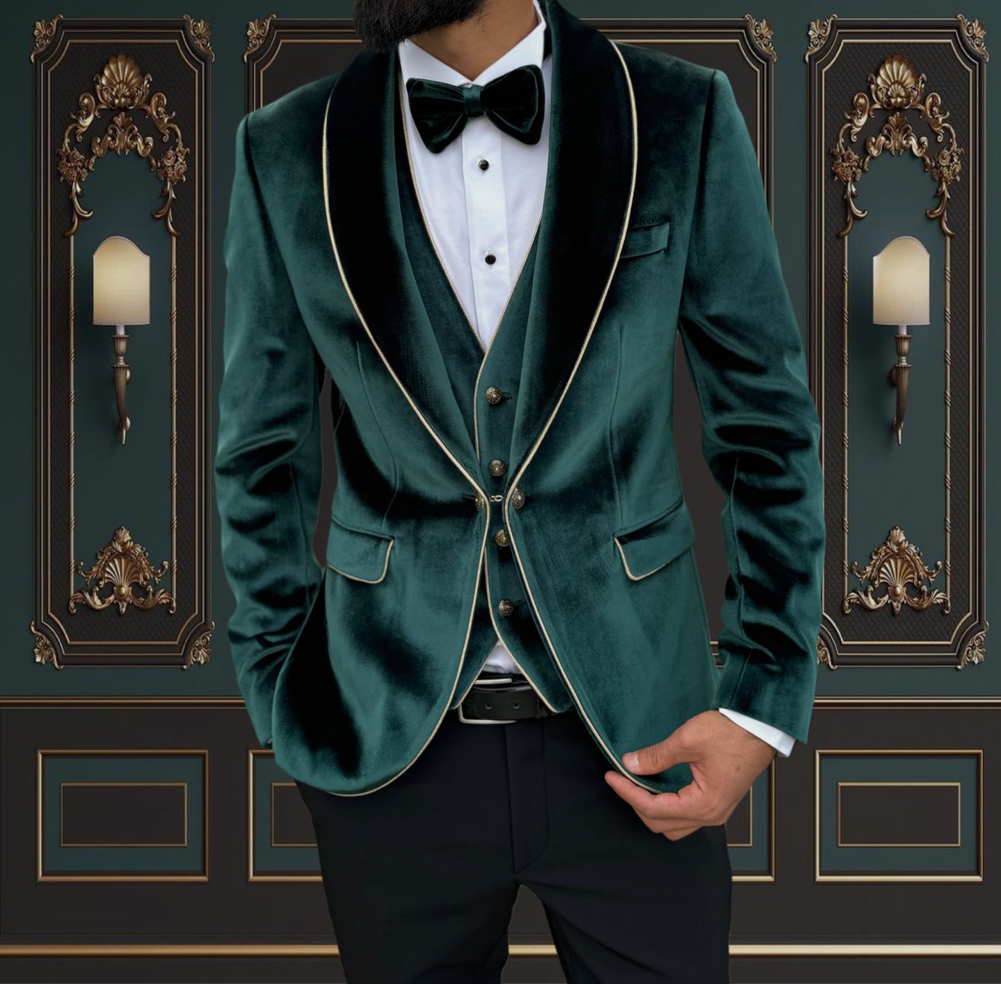 Green Slim Fit Mens Velvet Tuxedo 3 Piece Peak Lapel