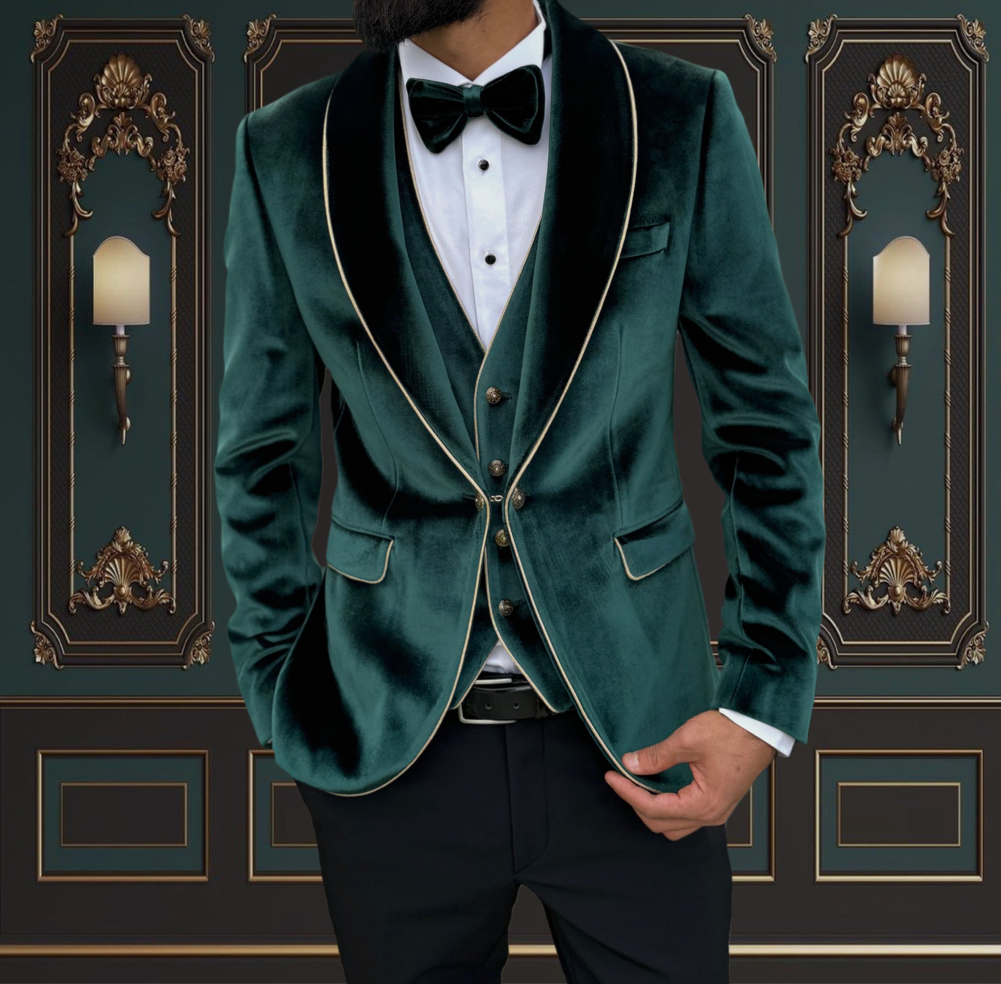 Green Slim Fit Mens Velvet Tuxedo 3 Piece Peak Lapel