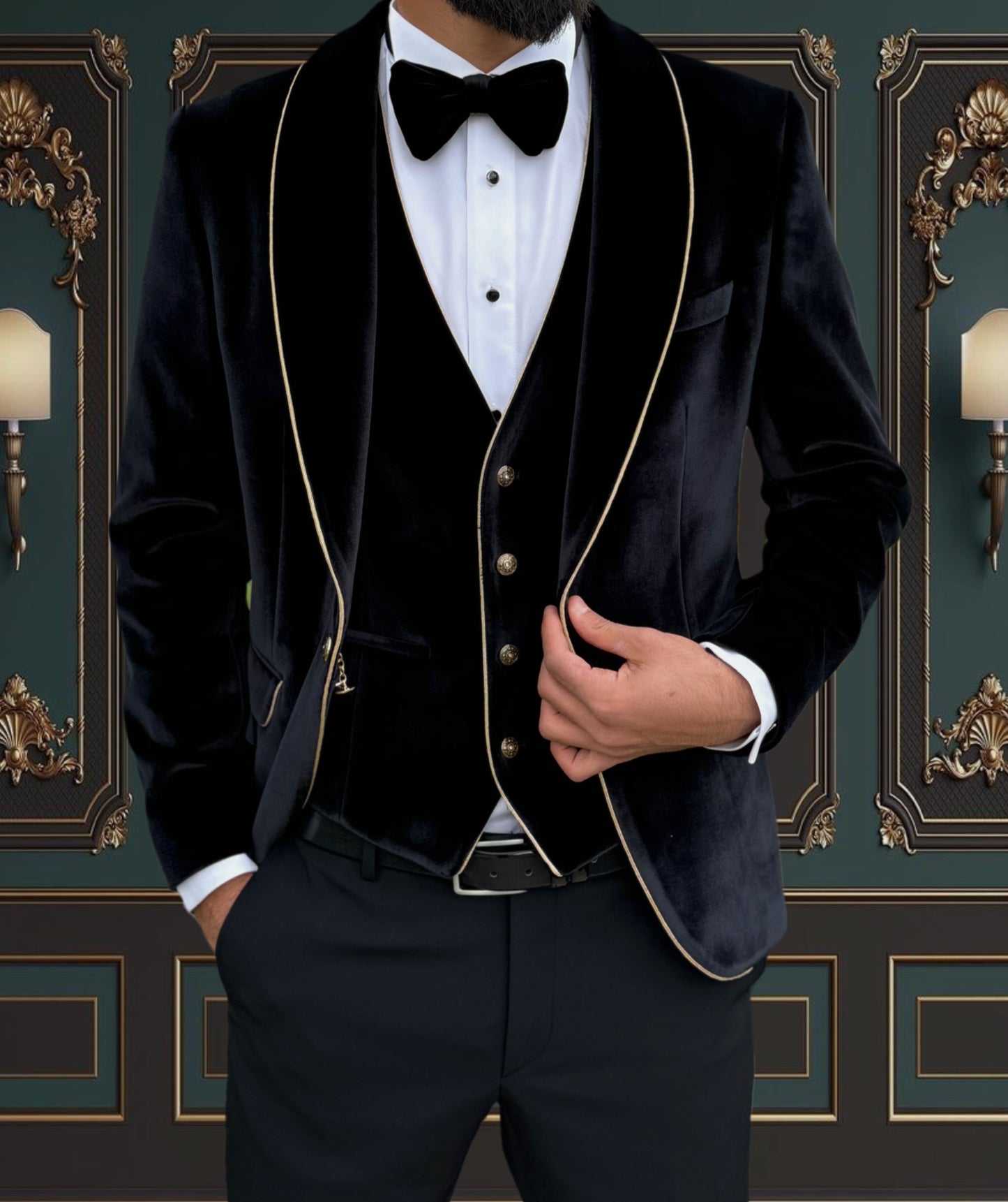 BLACK SLIM-FIT MENS VELVET TUXEDO 3 PIECE SHAWL LAPEL