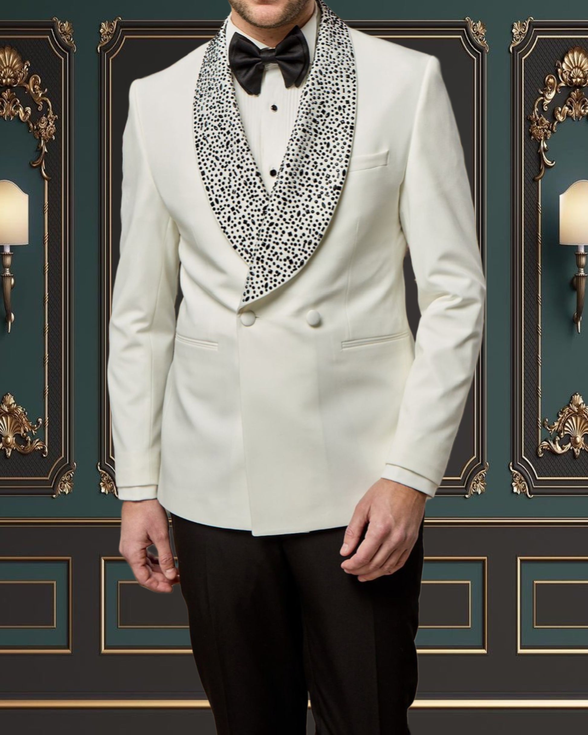 Mens White Tuxedo with Rhinestone Lapel | Wedding & Prom Tux 50 US Size | 60 European Size Mens White Tuxedo with Rhinestone Lapel | Wedding & Prom Tux 50 US Size | 60 European Size