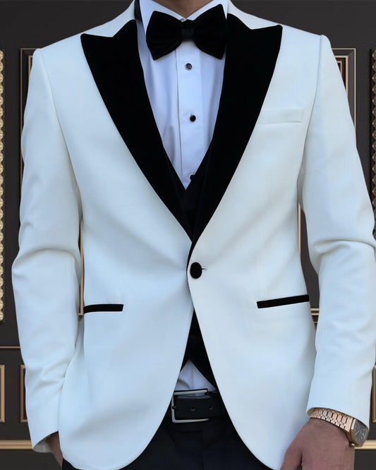 Men’s White 3-Piece Tuxedo with Velvet Peak Lapel