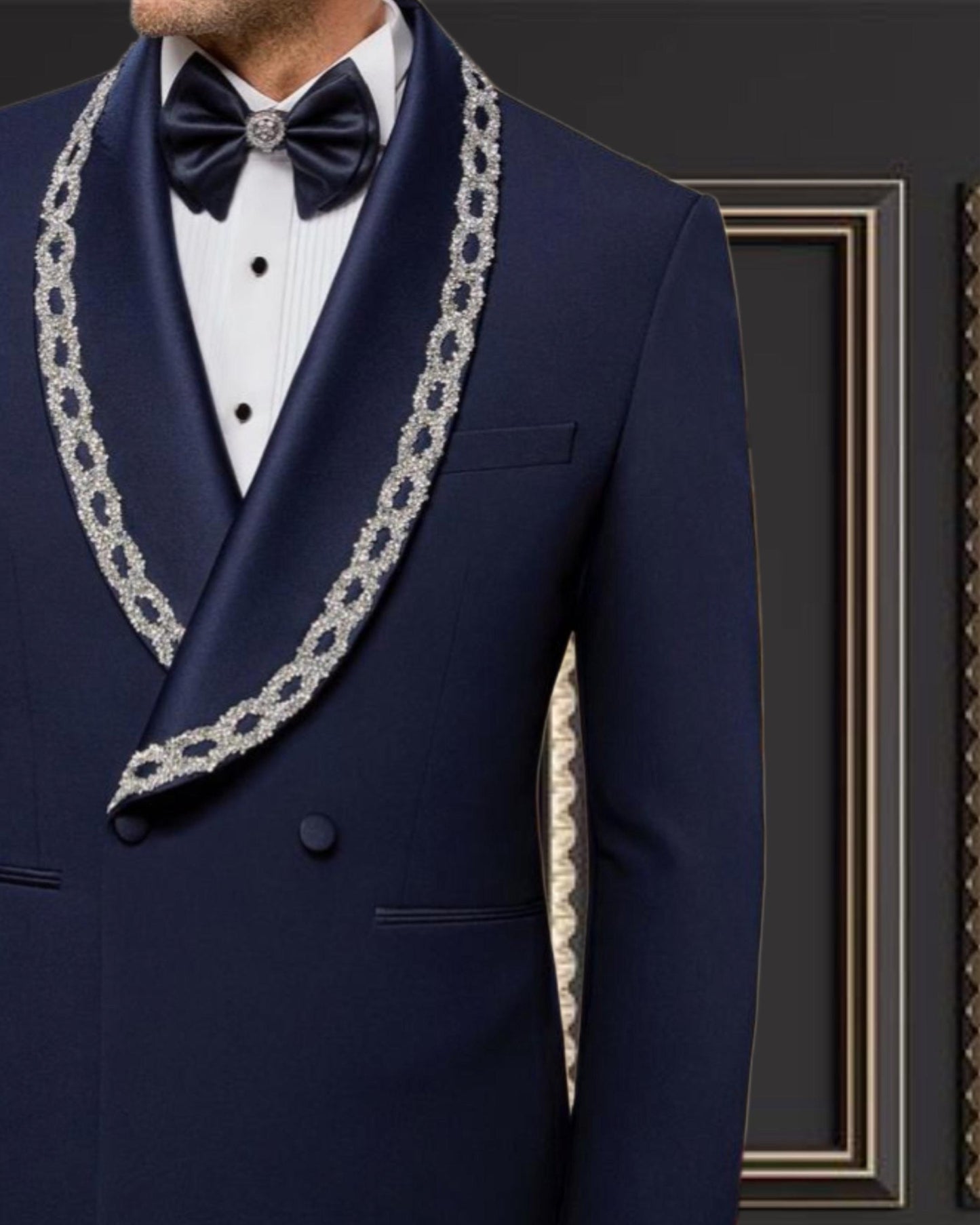 Men’s Navy Blue Tuxedo with Embroidered Shawl Lapel