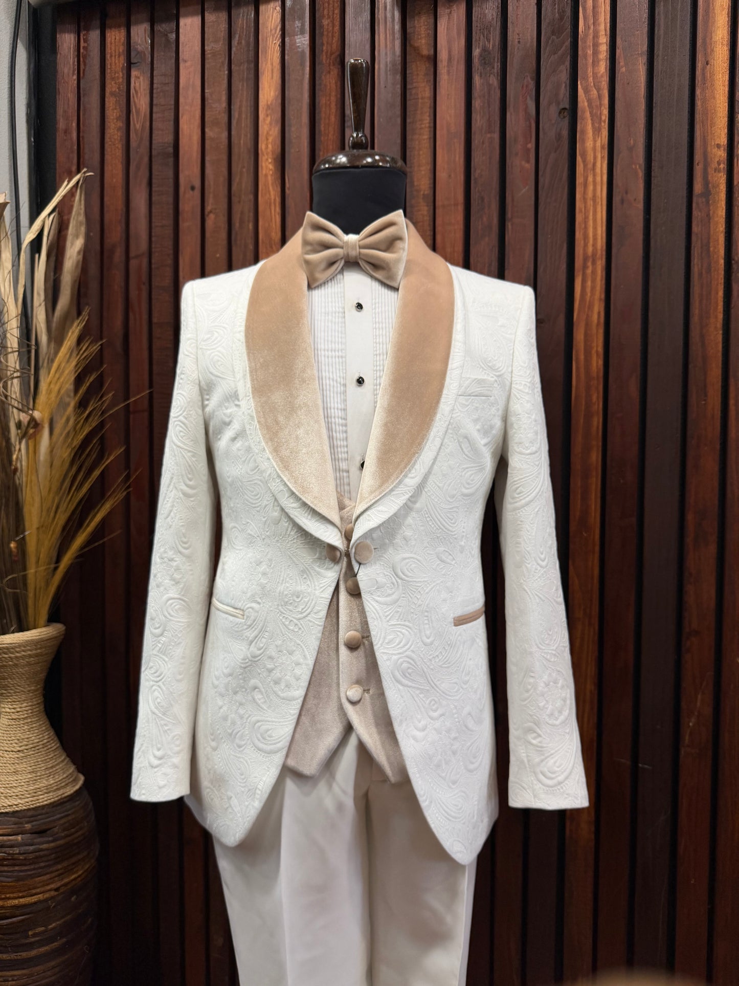 Men’s Off-White Floral Tuxedo with Champagne Velvet Lapel & Vest