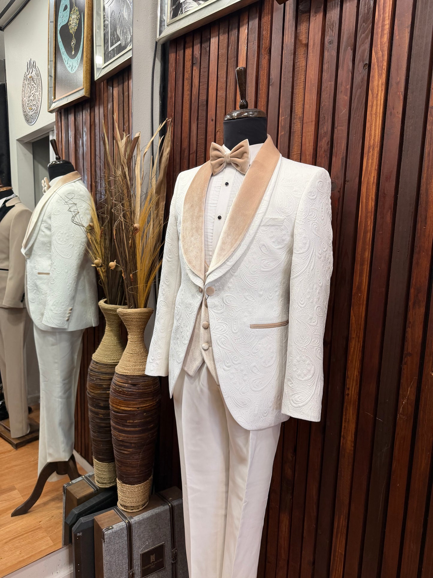 Men’s Off-White Floral Tuxedo with Champagne Velvet Lapel & Vest