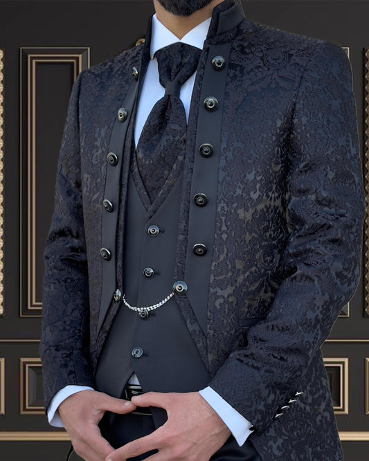 Men’s Black floral Tuxedo Mandarin collar | Shekly Tux San Jose