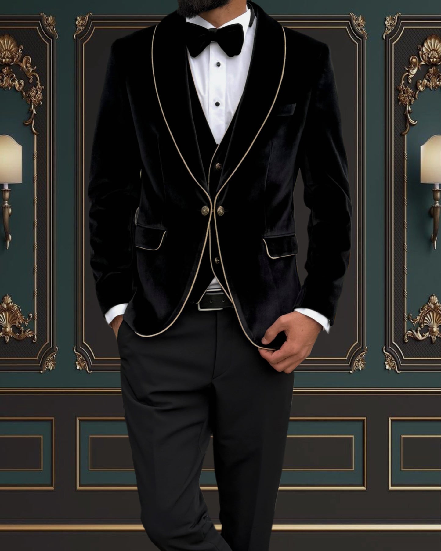 BLACK SLIM-FIT MENS VELVET TUXEDO 3 PIECE SHAWL LAPEL