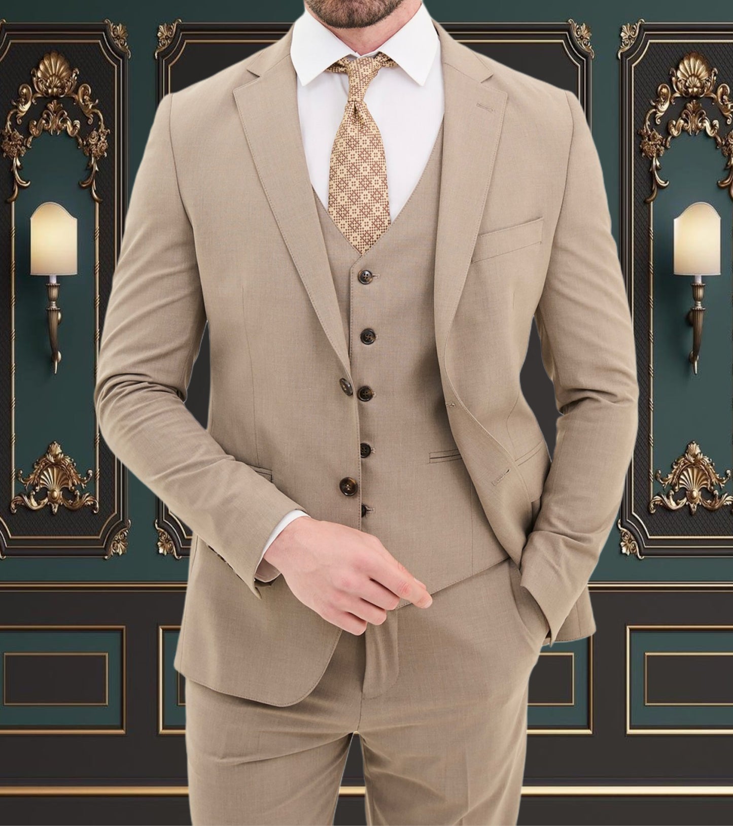 BEIGE SLIM-FIT MENS SUIT 3 PIECE PEAK LAPEL