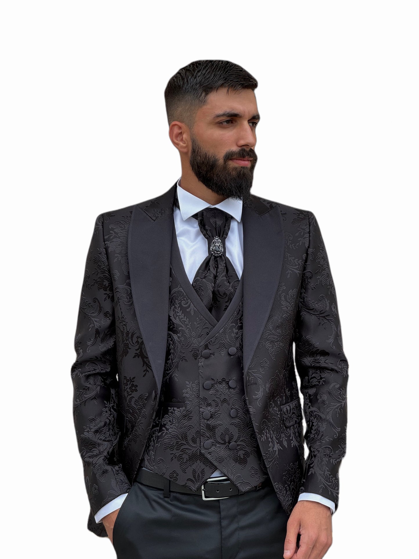 BLACK SLIM-FIT MENS TUXEDO 3 PIECE PEAK LAPEL