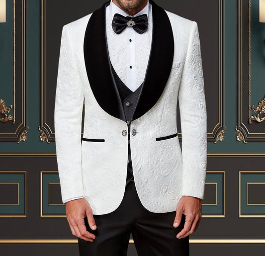 White Velvet Shawl Lapel Mens Tuxedo 3 Piece