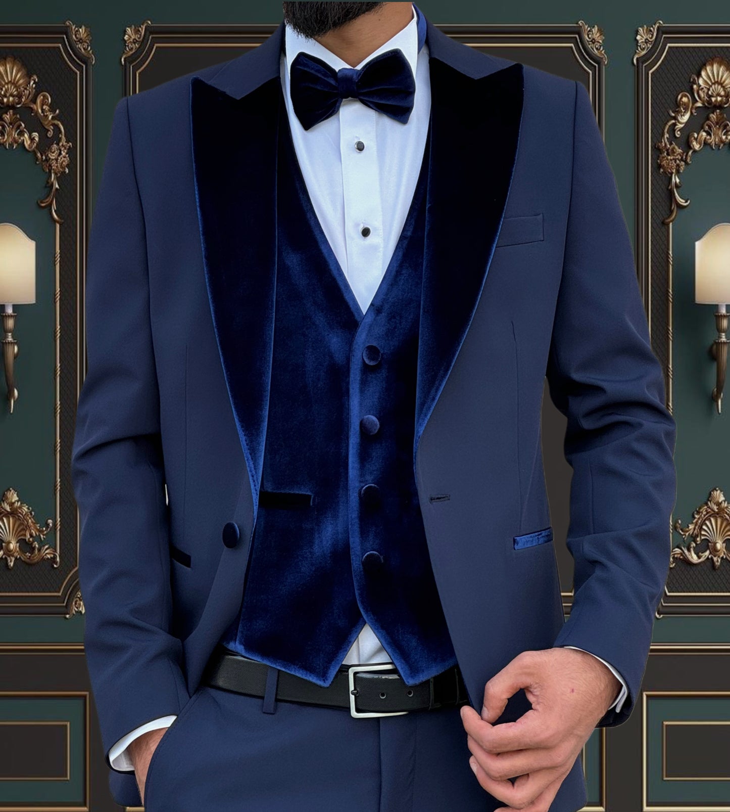 NAVY BLUE SLIM-FIT MENS TUXEDO 3 PIECE VELVET PEAK LAPEL