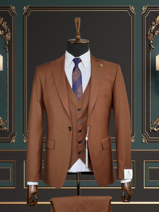 BROWN SLIM-FIT MENS SUIT 3 PIECE PEAK LAPEL