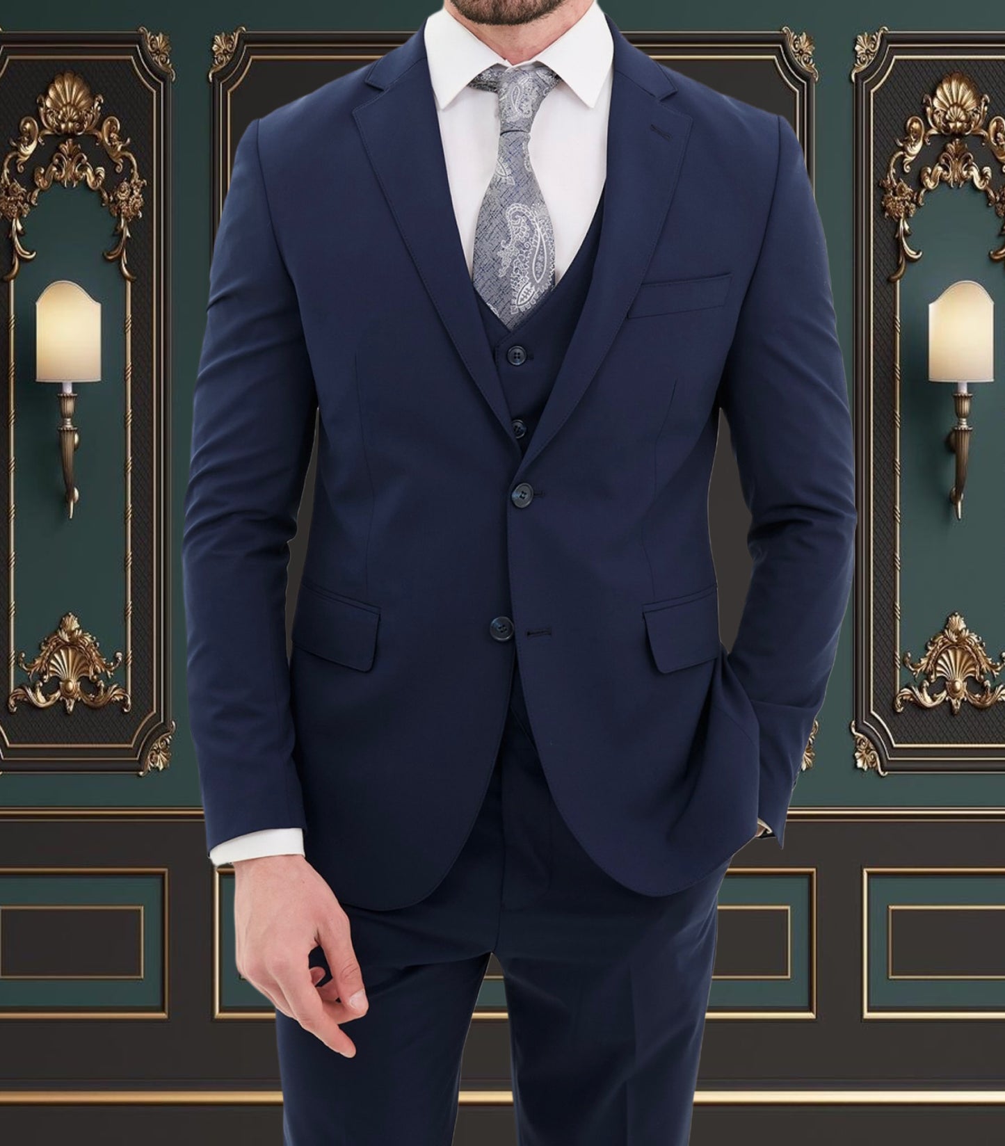 NAVY BLUE SLIM-FIT MENS SUIT 3 PIECE PEAK LAPEL