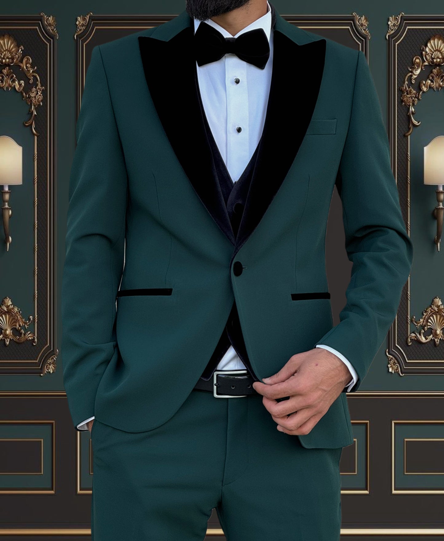 GREEN SLIM-FIT MENS TUXEDO 3 PIECE  VELVET PEAK LAPEL