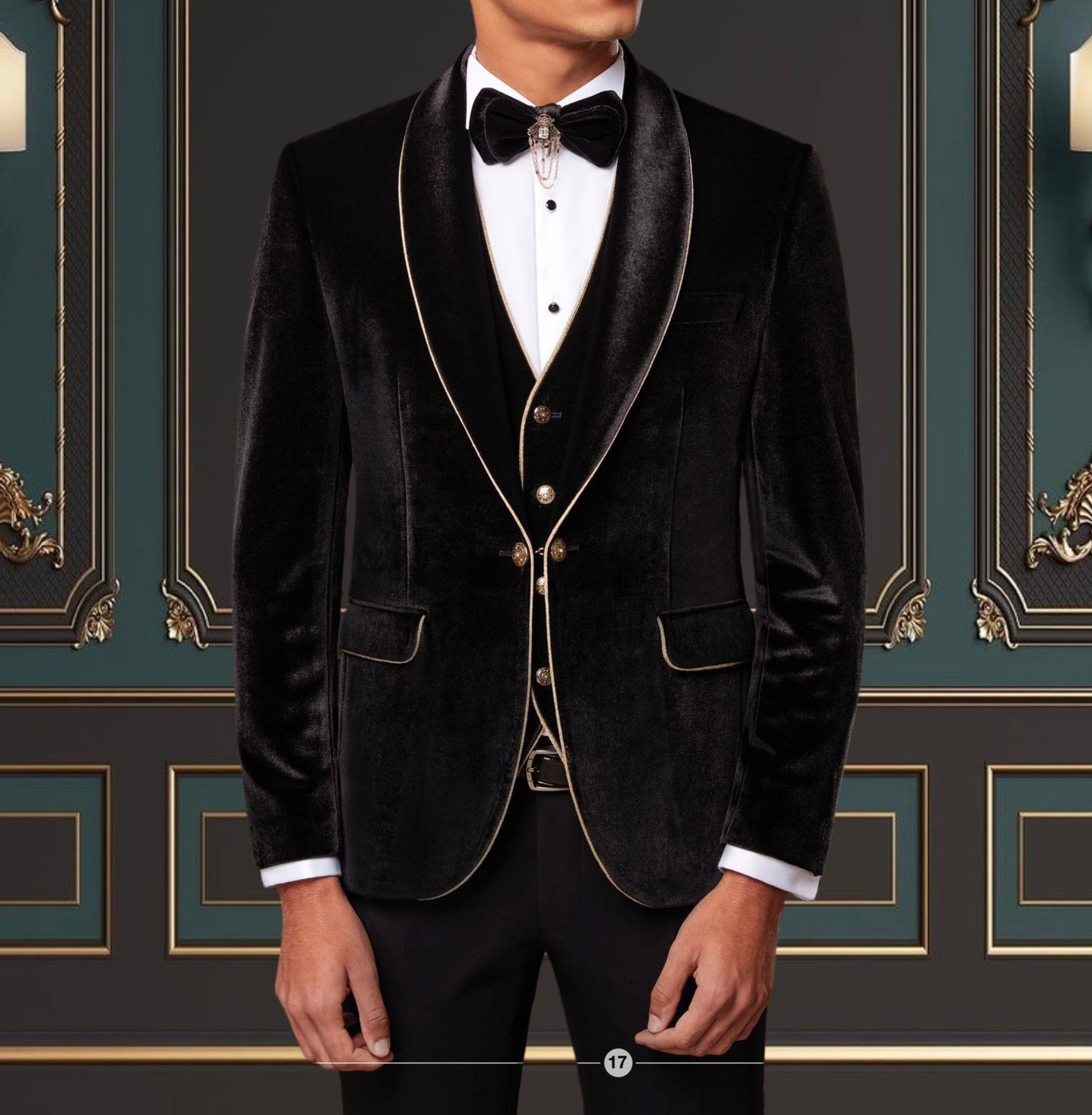 BLACK SLIM-FIT MENS VELVET TUXEDO 3 PIECE SHAWL LAPEL