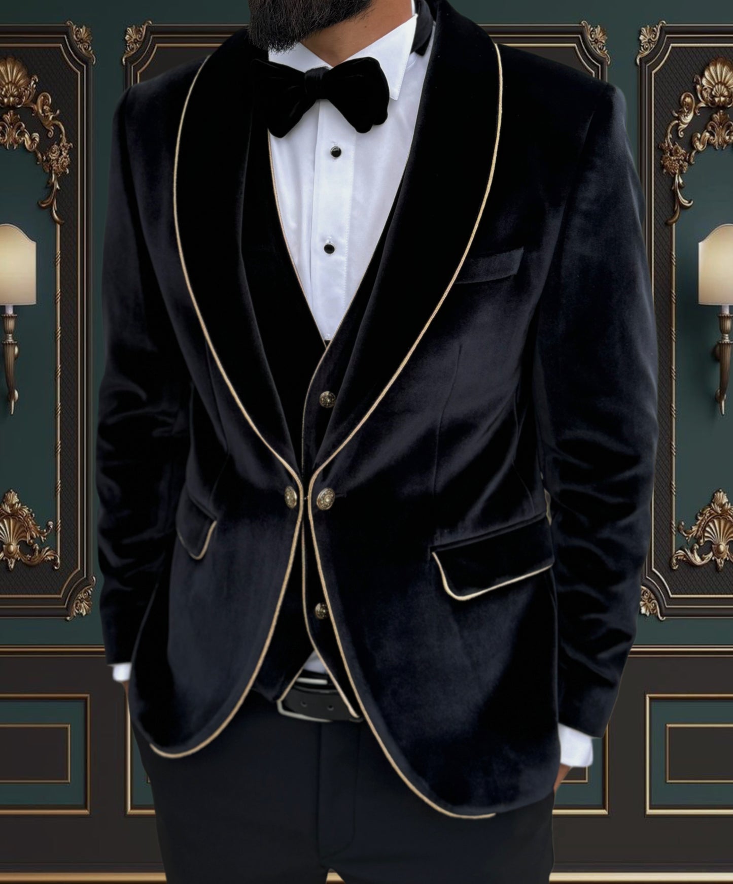 Black Slim Fit Mens Velvet Tuxedo 3 Piece Peak Lapel