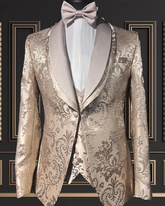 Men's Premium Gold Floral And Beige Shawl Lapel Tuxedo