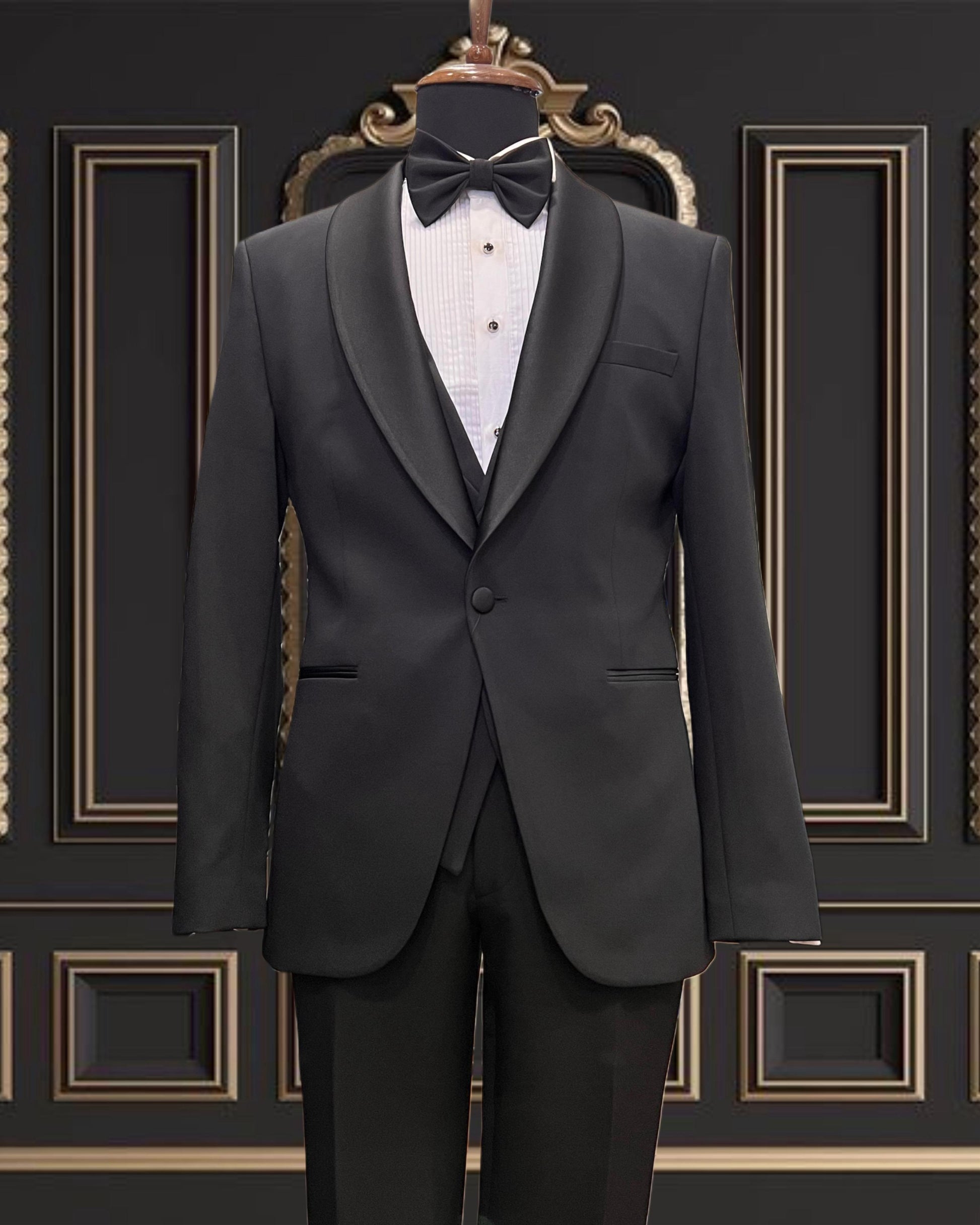 Men's Black Tuxedo with Satin Shawl Lapel | Super Stretch Formalwear Shekly Tux Men's Black Tuxedo with Satin Shawl Lapel | Super Stretch Formalwear Shekly Tux