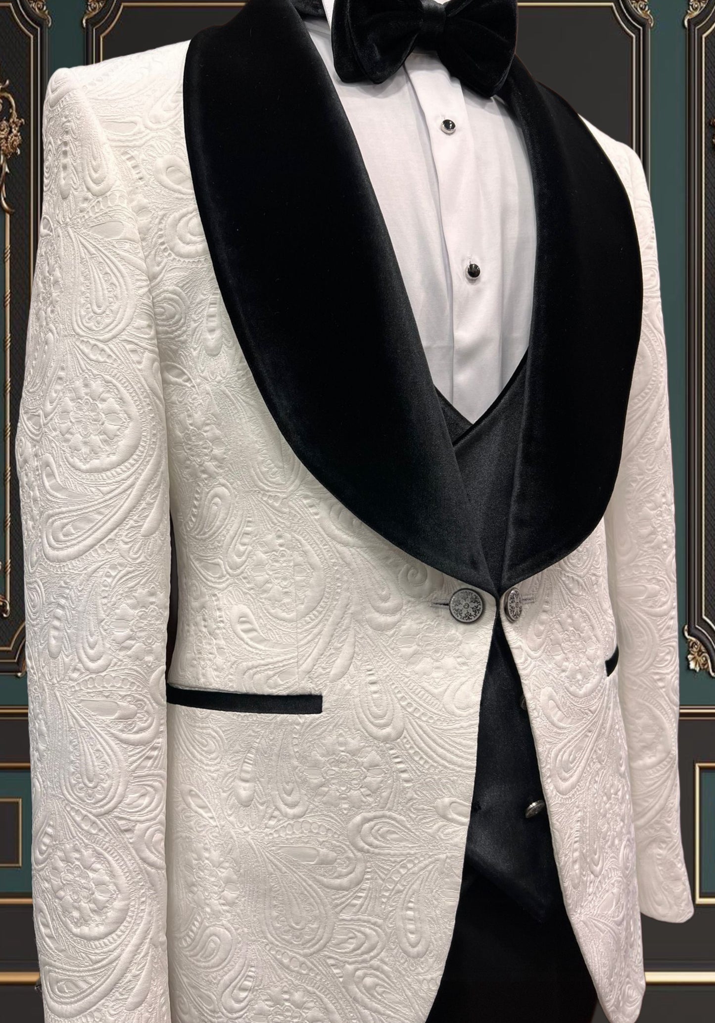 WHITE SLIM-FIT MENS TUXEDO 3 PIECE VELVET SHAWL LAPEL