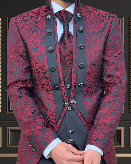 Men’s burgundy and Black Jacquard Tuxedo mandarin Collar | Shekly Tux San Jose