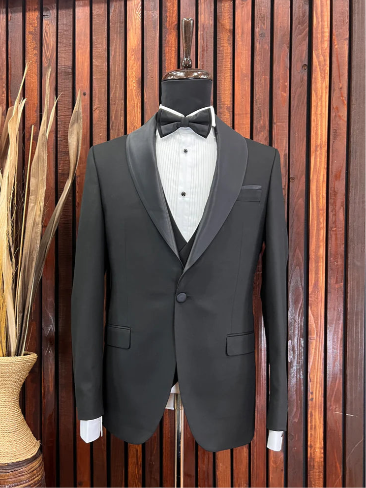 BLACK SLIM-FIT MENS TUXEDO 3 PIECE SHAWL LAPEL