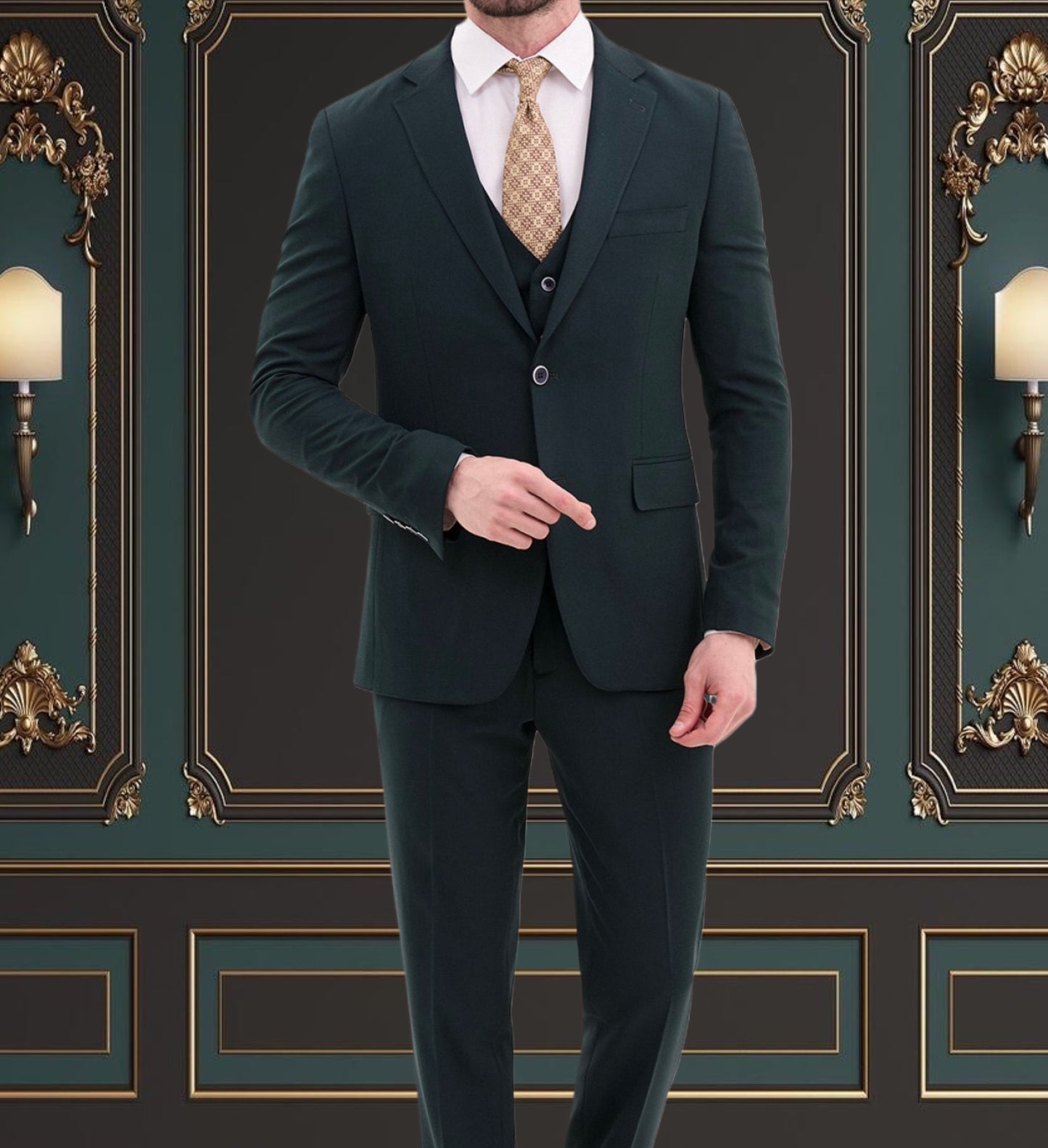 DARK GREEN SLIM-FIT MENS SUIT 3 PIECE PEAK LAPEL