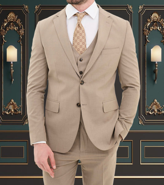 BEIGE SLIM-FIT MENS SUIT 3 PIECE PEAK LAPEL