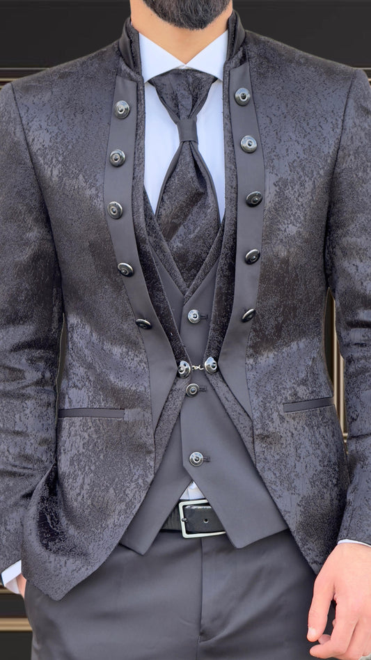 Men’s Black Jacquard Tuxedo mandarin Collar | Shekly Tux San Jose
