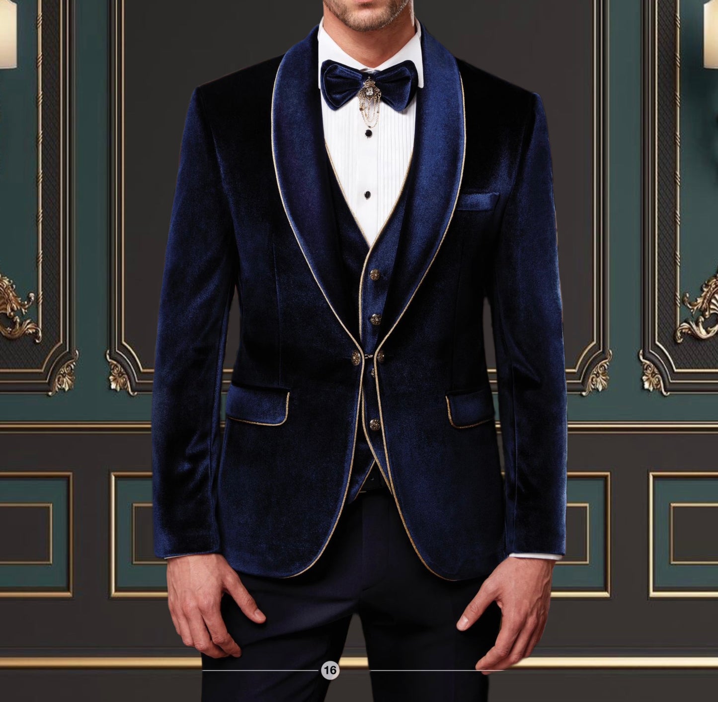 Dark Blue Slim Fit Mens Velvet Tuxedo 3 Piece Peak Lapel