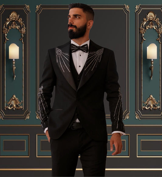 BLACK SLIM-FIT MENS TUXEDO 3 PIECE PEAK LAPEL