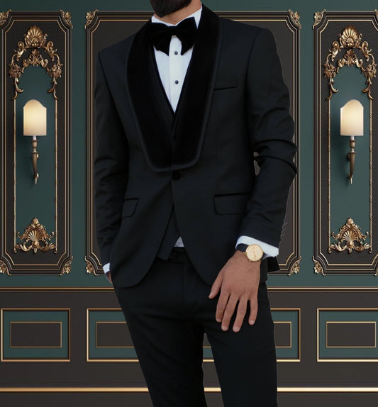 BLACK SLIM-FIT MENS TUXEDO 3 PIECE VELVET SHAWL LAPEL