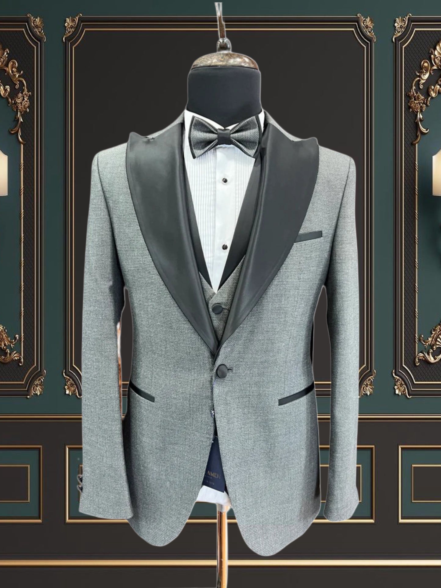 GREY SLIM-FIT MENS TUXEDO 3 PIECE SATIN SHINY PEAK LAPEL