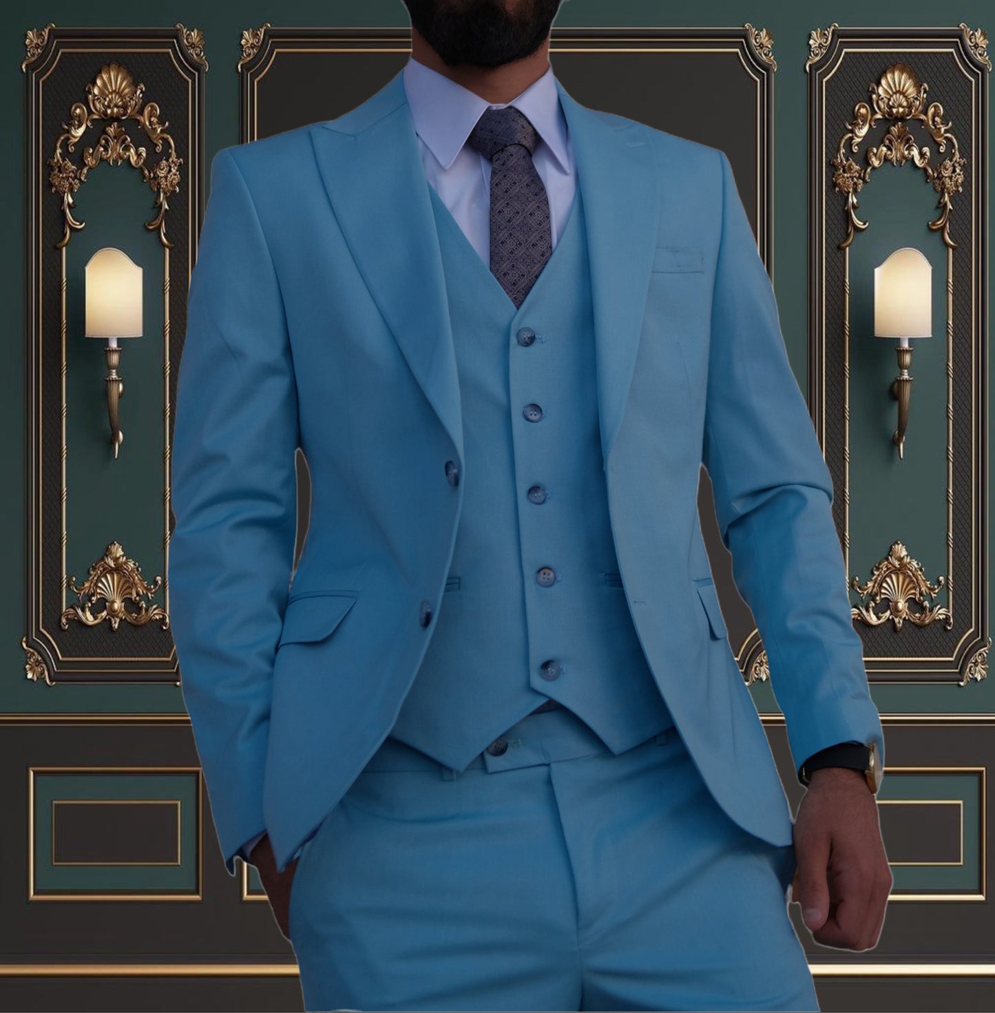 Sky Blue Slim Fit Mens Suit 3 Piece Peak Lapel