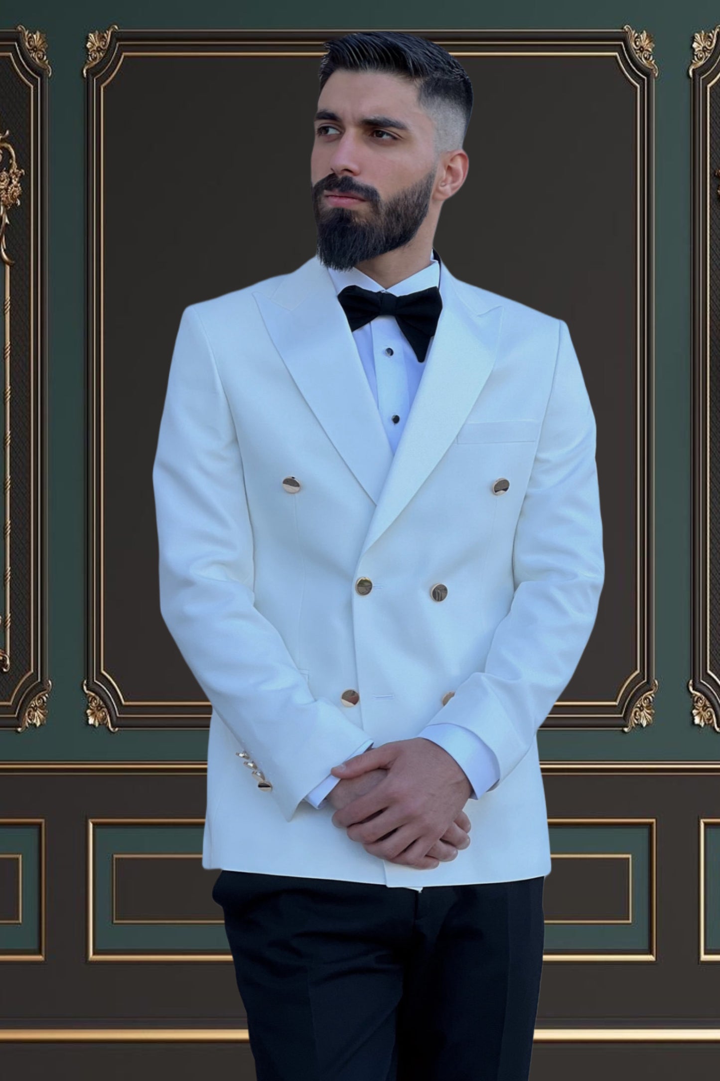 WHITE GOLDEN BUTTONS DOUBLE-BREASTED SLIM-FIT MENS TUXEDO 2 PIECE PEAK LAPEL