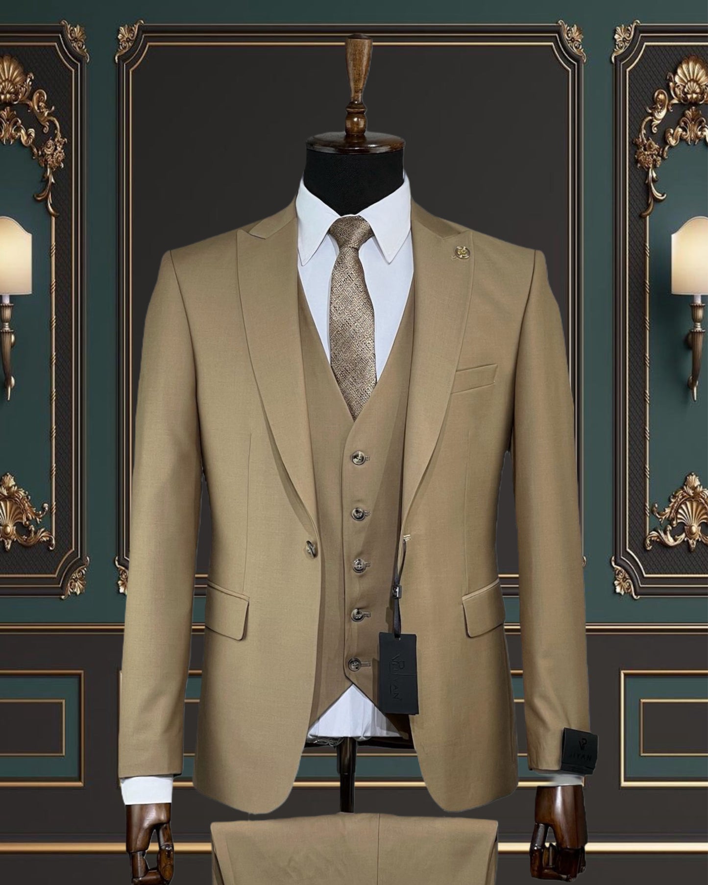 KHAKI SLIM-FIT MENS SUIT 3 PIECE PEAK LAPEL