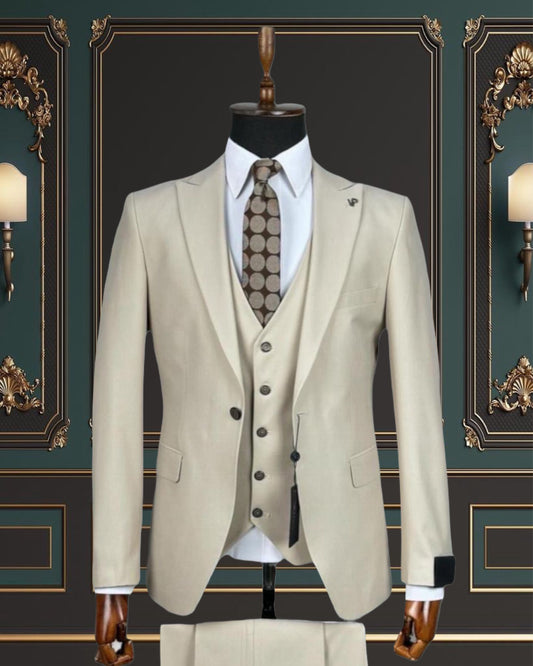 BEIGE SLIM-FIT MENS SUIT 3 PIECE PEAK LAPEL