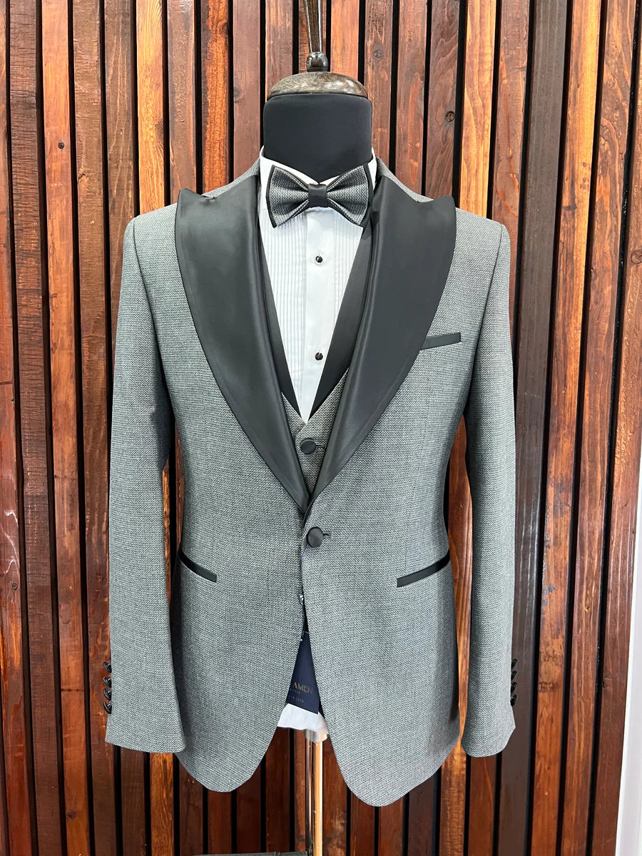 GREY SLIM-FIT MENS TUXEDO 3 PIECE SATIN SHINY PEAK LAPEL