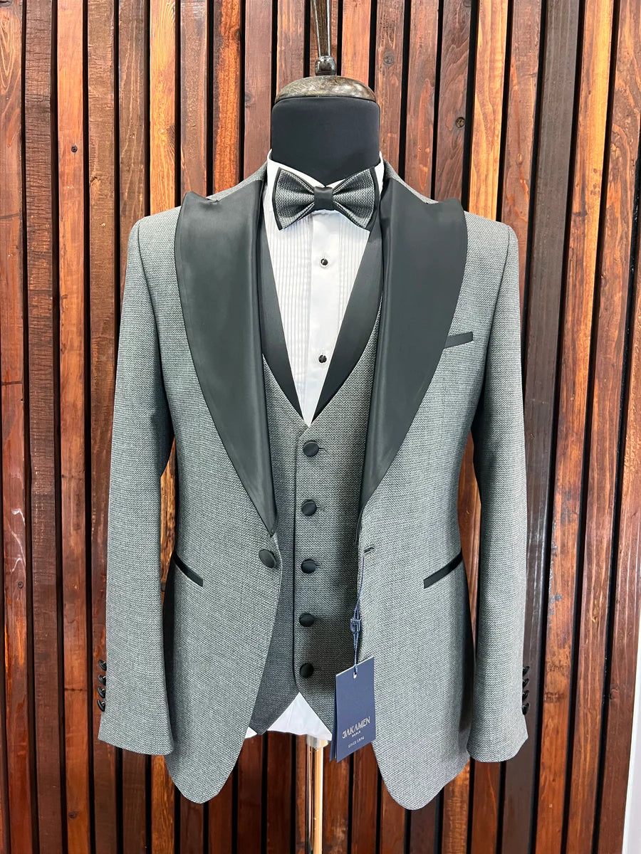 GREY SLIM-FIT MENS TUXEDO 3 PIECE SATIN SHINY PEAK LAPEL