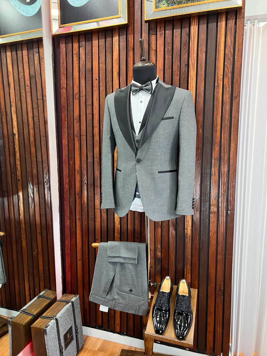 GREY SLIM-FIT MENS TUXEDO 3 PIECE SATIN SHINY PEAK LAPEL