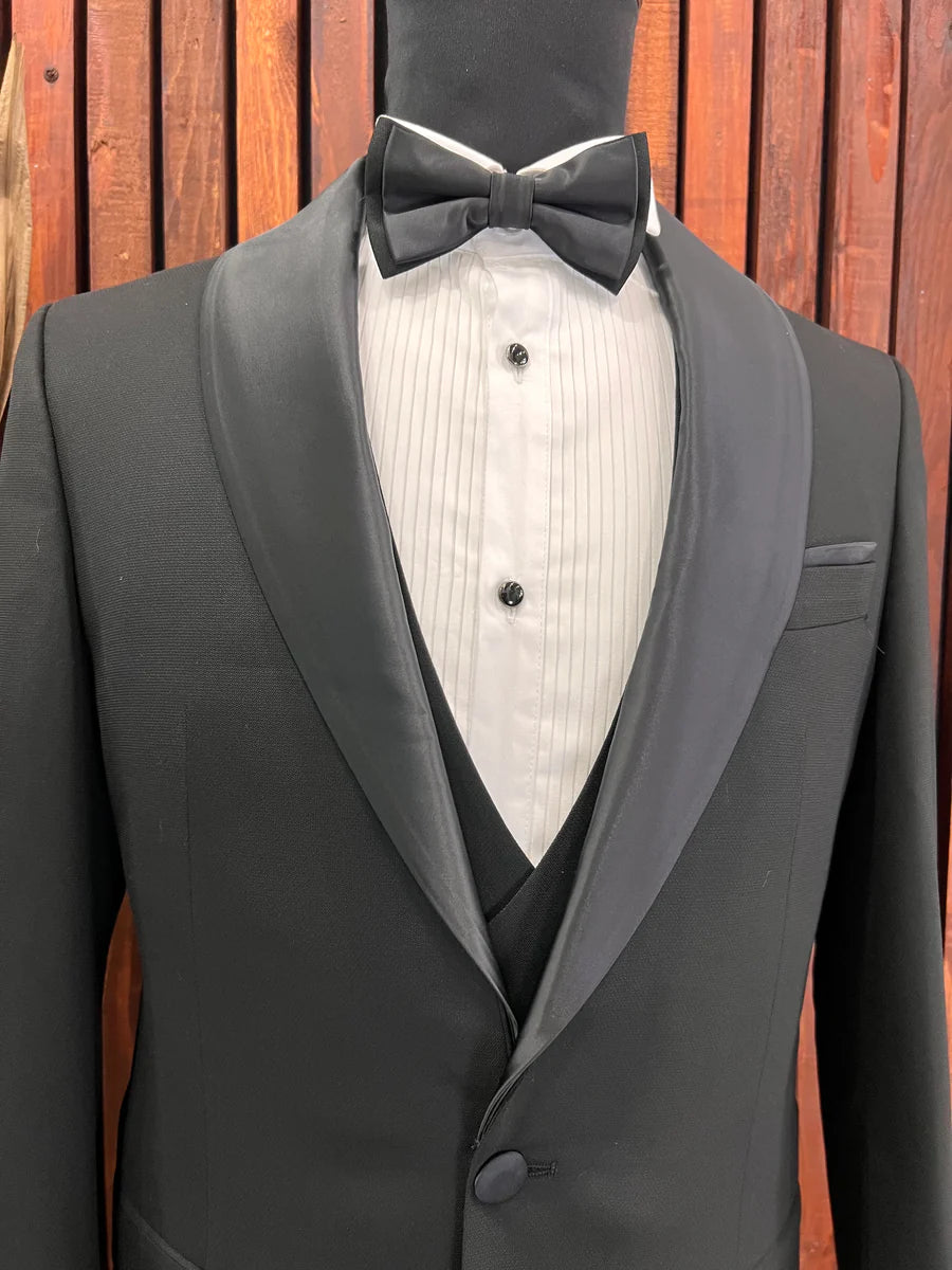 BLACK SLIM-FIT MENS TUXEDO 3 PIECE SHAWL LAPEL