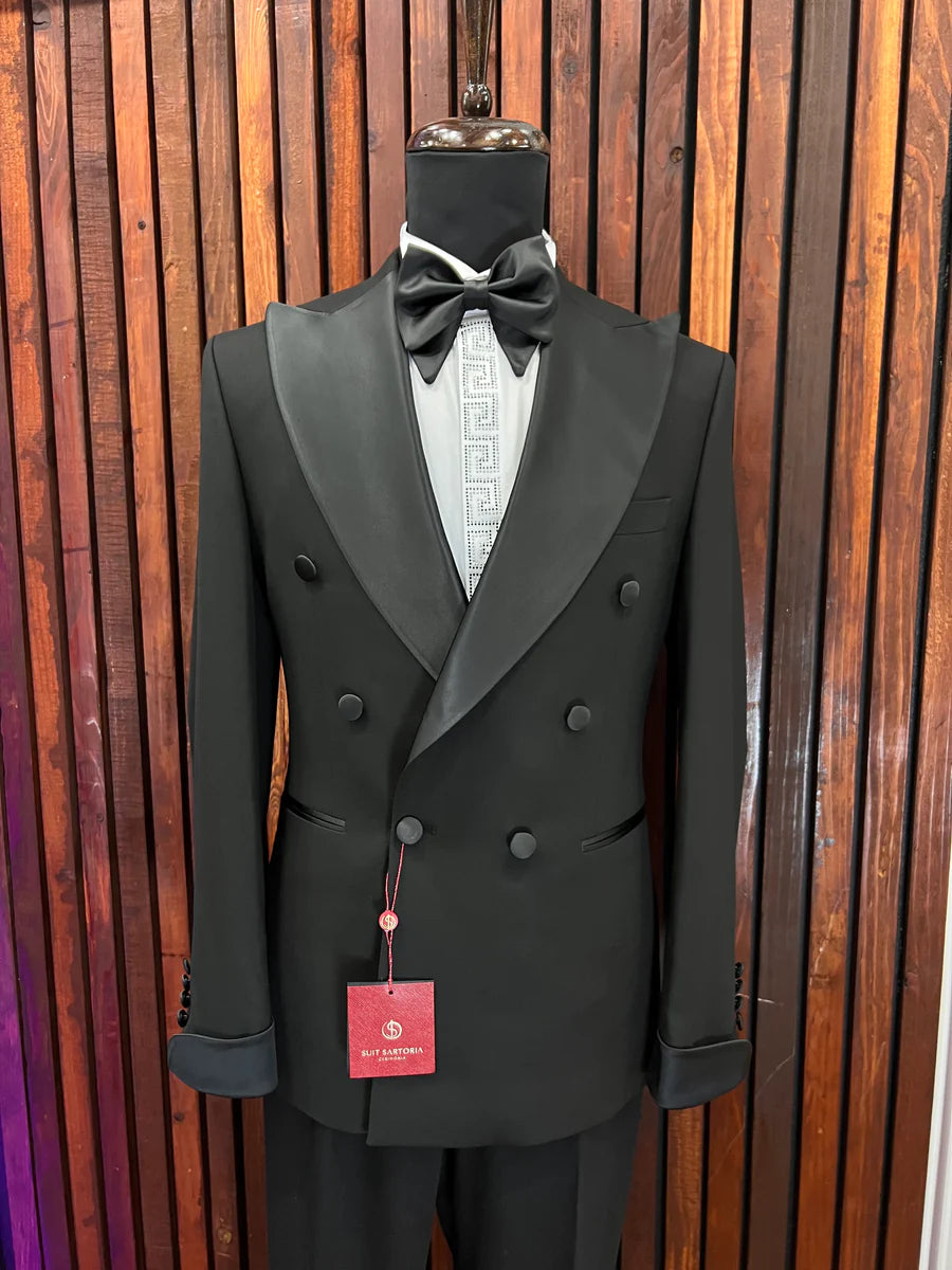 BLACK DOUBLE-BREASTED SLIM-FIT MENS TUXEDO 2 PIECE PEAK LAPEL