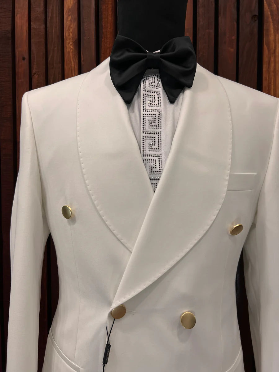 WHITE GOLDEN BUTTONS DOUBLE-BREASTED SLIM-FIT MENS TUXEDO 2 PIECE SHAWL LAPEL