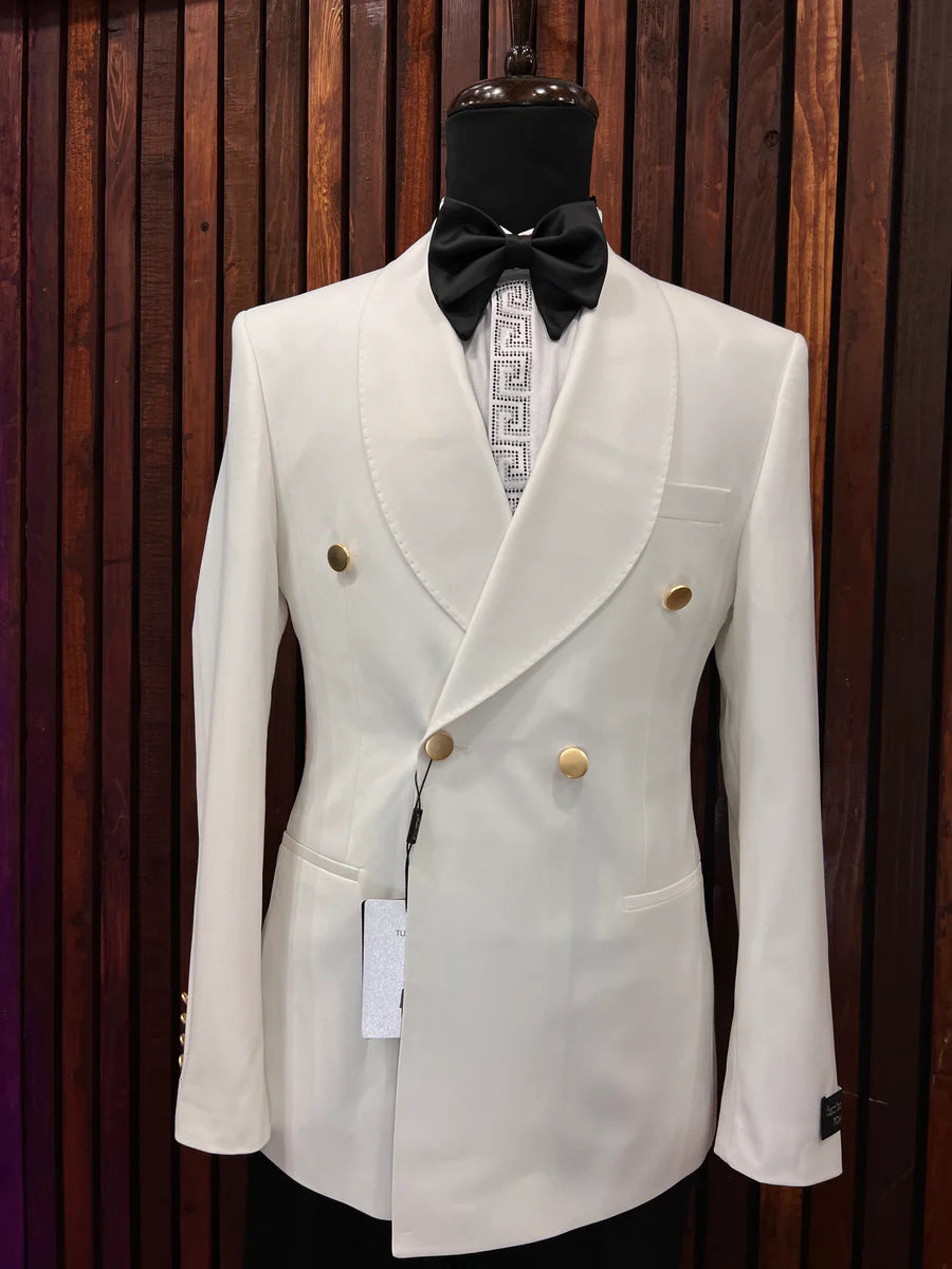 WHITE GOLDEN BUTTONS DOUBLE-BREASTED SLIM-FIT MENS TUXEDO 2 PIECE SHAWL LAPEL